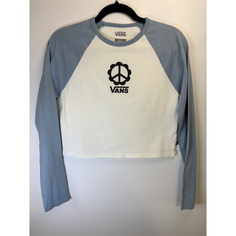 Vans Womens Small Blue White‎ Peace Sign Flower Graphic Raglan Cropped T-Shirt